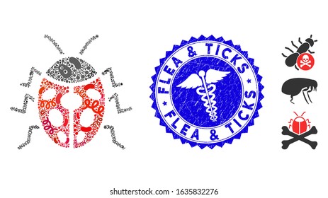 Virus mosaic ladybird bug icon and round grunge stamp seal with Flea & Ticks phrase and health care icon. Mosaic vector is formed with ladybird bug icon and with randomized flu objects.