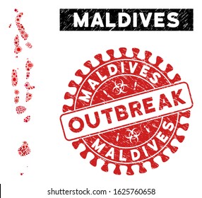 Virus mosaic Maldives map and red corroded stamp watermark with OUTBREAK message. Maldives map collage constructed with random virus elements. Red round OUTBREAK watermark with grunge texture.
