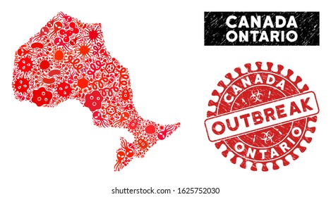 Virus mosaic Ontario Province map and red corroded stamp seal with OUTBREAK text. Ontario Province map collage constructed with scattered pathogen icons.
