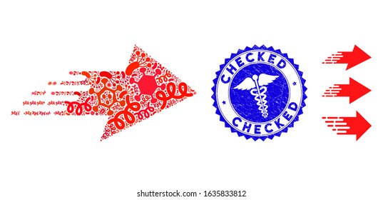 Virus mosaic rush right arrow icon and rounded grunge stamp seal with Checked text and healthcare sign. Mosaic vector is designed with rush right arrow icon and with scattered virus icons.