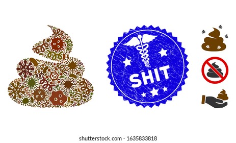 Virus mosaic shit icon and rounded rubber stamp seal with Shit phrase and medicine sign. Mosaic vector is formed from shit pictogram and with randomized microbe cell elements.