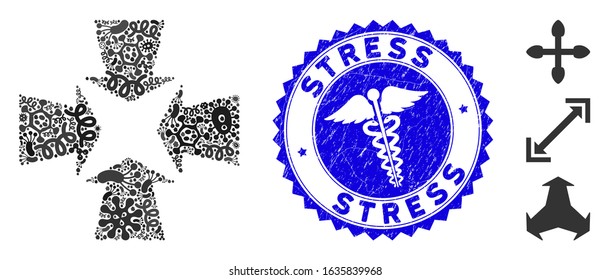Virus mosaic shrink arrows icon and round rubber stamp watermark with Stress text and caduceus sign. Mosaic vector is created with shrink arrows icon and with random microorganism objects.