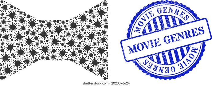 Virus mosaic tie bow icon, and grunge MOVIE GENRES seal. Tie bow collage for medical images, and scratched round blue stamp seal. Vector collage is constructed from randomized virus icons.