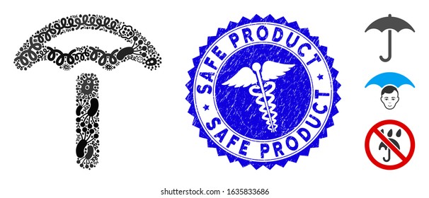 Virus mosaic umbrella icon and round grunge stamp watermark with Safe Product phrase and clinic icon. Mosaic vector is formed with umbrella icon and with random contagious objects.