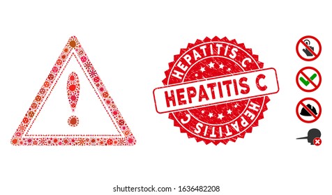 Virus mosaic warning triangle icon and rounded rubber stamp seal with Hepatitis C text. Mosaic vector is designed with warning triangle pictogram and with scattered bacterium symbols.