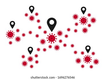 Virus moves, spreads from one place to another. Locations focus focal points. Outbreak of virus. Uncontrolled spread of coronavirus epidemic. Vector illustration