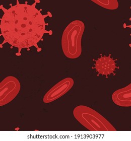 Mutación de virus, prueba de anticuerpos Covid-19 sin fisuras. Corpúsculo sanguíneo, células hemáticas y molécula de virus en el fondo rojo oscuro texturado. Ilustración dibujada a mano por vectores.