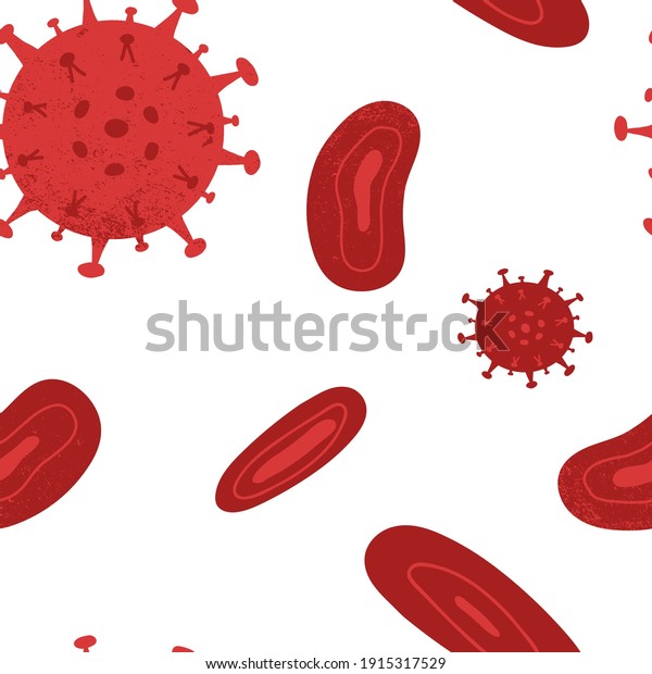 Virus mutation, Covid-19\
antibody test seamless pattern. Textured blood corpuscle, hemic\
cells and virus molecule isolated background. Vector hand-drawn\
illustration.