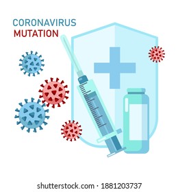 Virus mutations with syringe, shield, vaccine vector illustration isolated on white background. New virus mutation of coronavirus,  pandemic. Concept for health, medical design, landing page