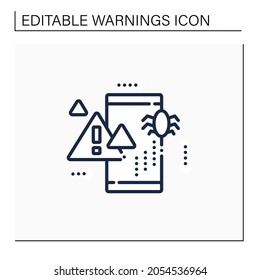 Virus notification line icon. Virus on phone message. Error message. Exclamation pointer. Warnings concept.Isolated vector illustration.Editable stroke