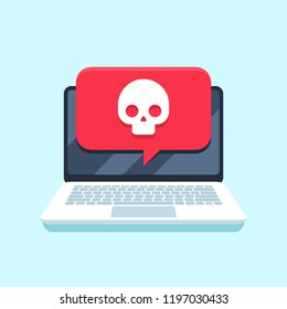 Virus Notification On Notebook Screen. Malware Attack Laptop Pc, Computer Viruses Or Piracy Fraud Hacking Secure, Trojan Virus Notification. Internet Spam Or Blackmail Threat Alert Vector Concept