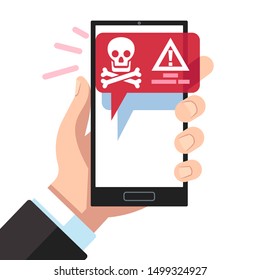 Virus notification on smartphone screen. Dangerous hacker alert message. Spam attack malware scam apps, error message. Vector red messaging technology device design