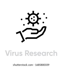 Virus on Hand Research Spread icon. Editable line vector. Element palm of the hand holds a bacterium infection. Single pictogram.