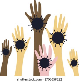Virus on human palms raised up. People demonstrate the need to wash their hands during an epidemic. Vector drawing.