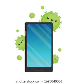 Virus on smartphone. Bacteria character vector. free space for text.  Virus character design.