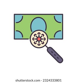 Virus on surface of banknote related vector icon. Cornavirus in magnifying glass on surface of banknote. Isolated on white background. Editable vector illustration