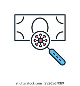 Virus on surface of banknote related vector icon. Cornavirus in magnifying glass on surface of banknote. Isolated on white background. Editable vector illustration