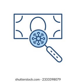 Virus on surface of banknote related vector icon. Cornavirus in magnifying glass on surface of banknote. Isolated on white background. Editable vector illustration