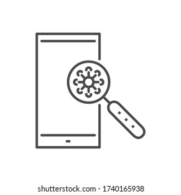 Virus on the surface of a smartphone related vector thin line icon. Cornavirus in a magnifying glass on the surface of a smartphone. Isolated on white background. Editable stroke. Vector illustration.