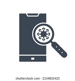 Virus on surface of smartphone related vector glyph icon. Cornavirus in magnifying glass on surface of smartphone. Isolated on white background. Editable vector illustration