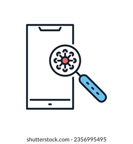 Virus on surface of smartphone related vector icon. Cornavirus in magnifying glass on surface of smartphone. Isolated on white background. Editable vector illustration