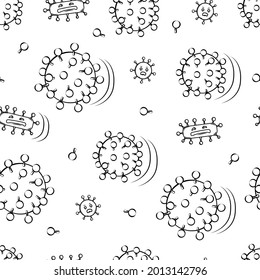 Virus on a white background seamless pattern. Outline. Black and white vector illustration.