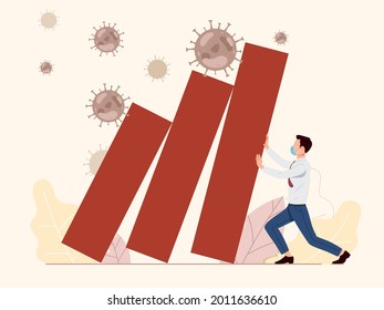 Virus outbreak and pandemic consequences. Businessman help pushing bar graph falling in economic collapse from coronavirus COVID-19. Business chart and virus. Colored flat vector illustration.