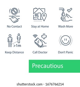 Virus outbreak precautions, preventive measures, safety instructions, pandemic quarantine, warning advice, flu spread, avoid social contact, stay home, wash hand, keep distance, call doctor, icon set
