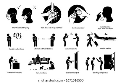 Virus outbreak risks, prevention, preparedness tips actions to do and do not. Illustrations of person wearing mask correct and incorrectly. Washing hand with soap, water and sanitizer. Avoidance plan.