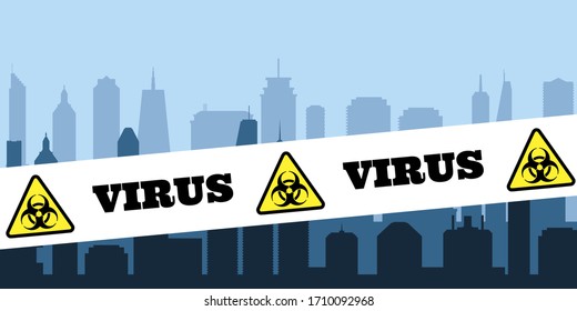 Virus pandemic - city quarantine lockdown. Covid-19 coronavirus illness crisis vector. Quarantine warning tape.