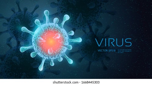 Conceito de pandemia de vírus. Ilustração vetorial abstrata. Vírus Corona ou surto de Covid-19 e gripe em 2020. 3D micróbio em fundo azul. Vírus de computador, bactérias, doenças médicas, microbiológicas.