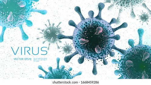 Virus pandemic concept. Abstract vector illustration. Corona virus or Covid-19 outbreak and influenza in 2020. 3d microbe on blue background. Computer virus, bacteria, medical, microbiology disease.