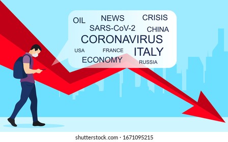 Virus pandemic. Corona virus in China. SARS-CoV-2. Guy or men in a medical mask , reading the latest economic news , in the world, virus news, falling economy, falling oil prices.