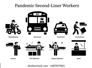 Virus pandemic second-liner workers. Vector icons of food delivery rider, bus taxi truck driver, courier, postman, mailman, port airport operator, and bank staff wearing surgical mask.