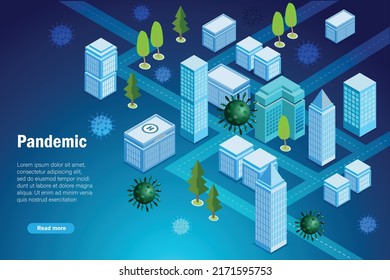 Virus pandemic spreading on street in town with city building map. Covid19 coronavirus and monkey pox virus pandemic invasion concept.