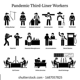 Virus Pandemic Third-liner Workers. Vector Icons Of Utility Worker, Fireman, Farmer, Reporter, Factory Staffs, Hotel, Call Center, Online Services, And Stock Market Employee Wearing Surgical Mask.