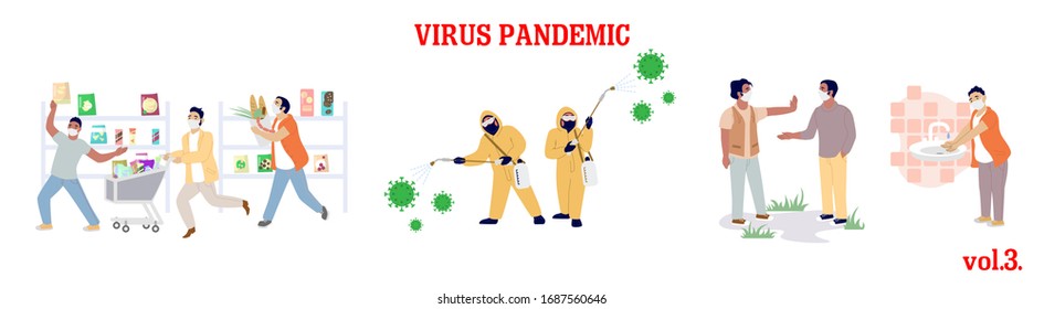 Pandemia de virus, ilustración aislada vectorial plana. Distancia social, limpieza, desinfección, lavado de manos con reglas de cuarentena de jabón y medidas preventivas. Prevención de la propagación del virus de la corona