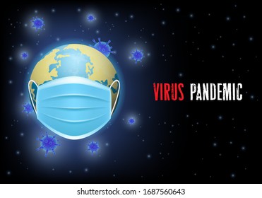 Virus pandemic, vector poster banner template. Planet Earth in medical face mask, corona virus pathogen germs around it. COVID-19 coronavirus world epidemic spread. New respiratory disease prevention.