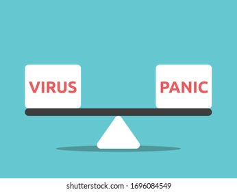 Palabras de virus y pánico en escala de peso. Comparación, problema, elección, decisión, impacto y concepto de la pandemia covid-19. Diseño plano. Ilustración vectorial EPS 8, sin transparencia, sin degradados