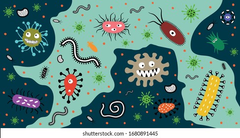 Virus and parasite. Pattern with cartoon. Germs and bacteria. Vector illustration