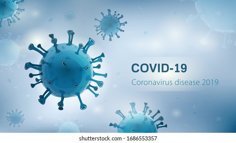 Viruspartikel auf weißem, blauem Hintergrund mit COVID-19-Coronavirus-Krankheit 2019-Text