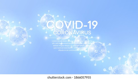 Virus particles on white blue background with COVID-19.  Coronavirus nCoV and biohazard symbol. Epidemic concept.  Vector illustration