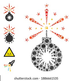 Virus petard covid-2019 mosaic icon. Virus petard collage is formed of scattered viral pictograms. Bonus pictograms are added. Flat style.