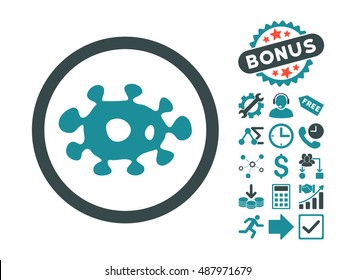 Virus pictograph with bonus pictograph collection. Vector illustration style is flat iconic bicolor symbols, soft blue colors, white background.