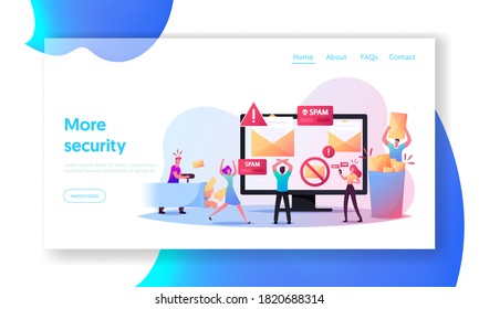 Virus, Piracy, Hacking and Security, E-mail Protection Landing Page Template. Tiny Characters at Huge Computer with Spam Email Warning Window Appear on Screen. Cartoon People Vector Illustration
