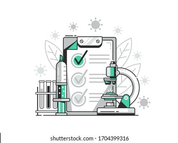 Virus positive test illustration. Bacteriological laboratory testing concept with microscope, injection and preparations. Blood medical analysis scene with test blank and viruses in line flat design.