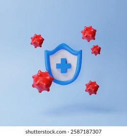 Virus prevention 3D vector illustration. Cartoon red bacterium molecules, viral or germ cells and medical shield with cross. Medical pathogen microbe protection. Volume COVID or influenza infection