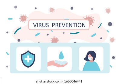 Banner de concepto de prevención de virus. Tarjetas con protección de seguridad, usar máscara protectora y lavarse las manos con jabón. Concepto de atención de la salud. epidemia mundial o pandemia. Ilustración vectorial de moda