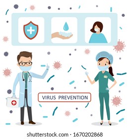 Virus prevention concept. Cards with security shield, wear protective mask and washing hands with soap. Two cartoon doctors in uniform. Health care banner. Global epidemic or pandemic. Flat Vector 