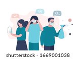 Virus prevention concept. Group of people wash their hands, wear protective masks and disinfect objects. Health care concept. Humans closeup. Global epidemic or pandemic. Trendy vector illustration